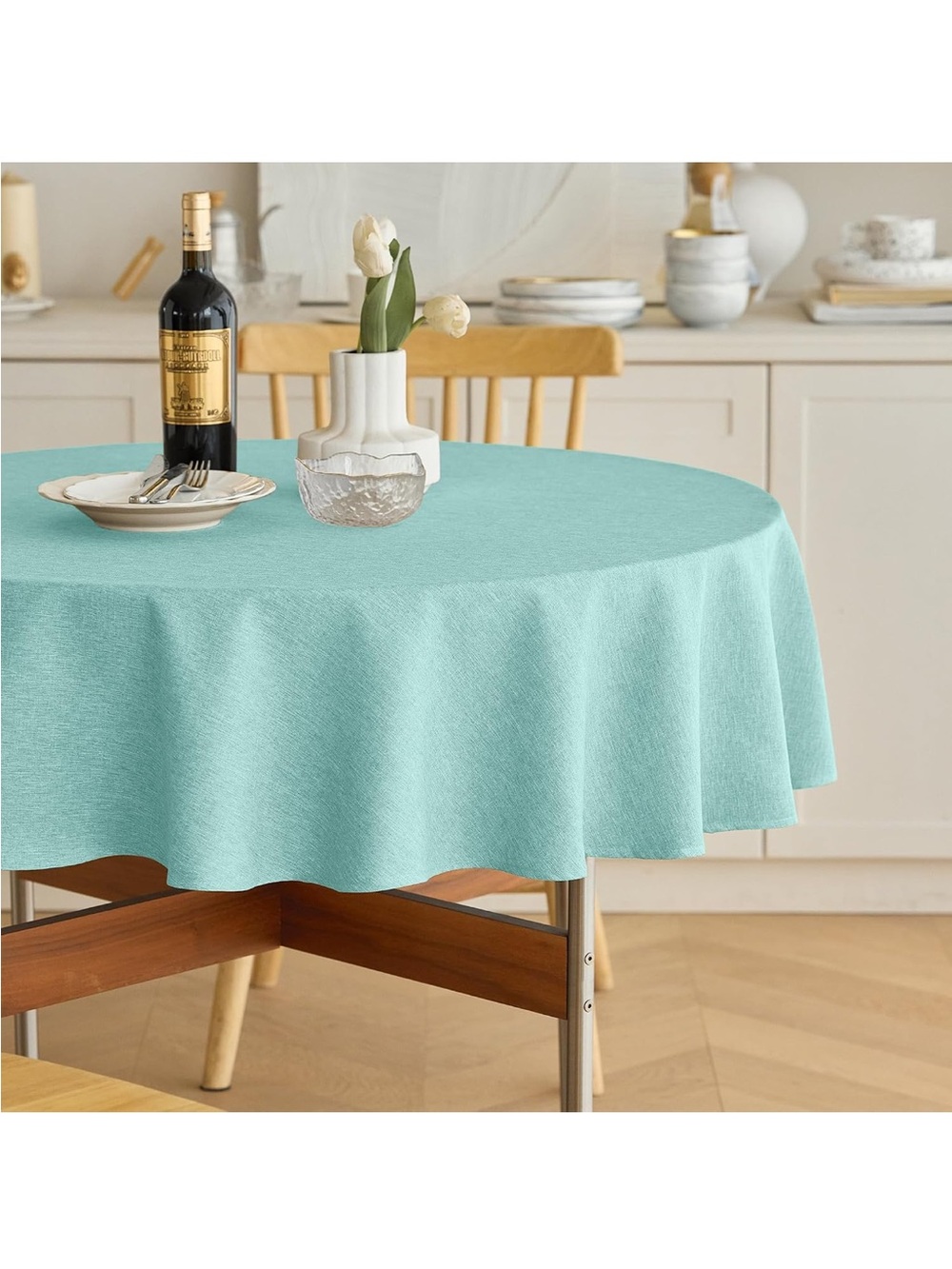 NEW Decorelia Waterproof Round Linen Texture Tablecloth 60”, Decorative Farm